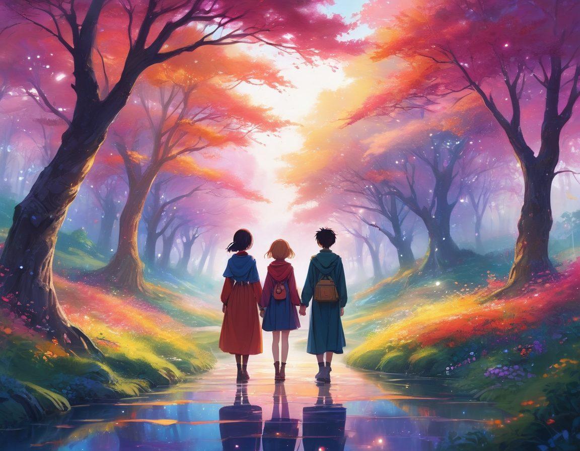 A vivid illustration of a diverse group of anime characters exploring a fantastical world filled with colorful landscapes, representing various adult-themed fantasies. The characters should exhibit expressive emotions and unique outfits, showcasing a blend of adventure and allure. Soft, ethereal lighting enhances the whimsical atmosphere, with subtle hints of suggestiveness. The background includes whimsical trees and shimmering stars to evoke a dreamlike quality. vibrant colors. digital painting.